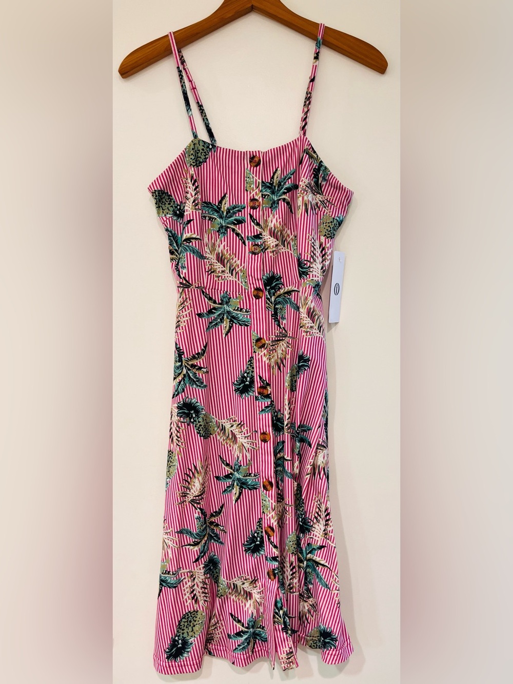 Summer Dress Pineapple Striped Print Spaghetti Strap Button Down Dress BNWT